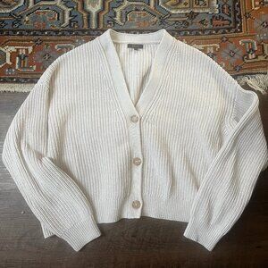 Quince EUC Organic Cotton Cropped Fisherman Cardigan Speckled Beige S